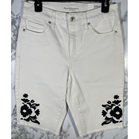 Style & Co. Pants - Style & Co. Womens Sz 6 black Embroidered Floral  on White Bermuda Shorts Cotton